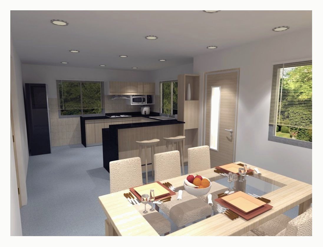 Open kitchen and dining with white cabinets.