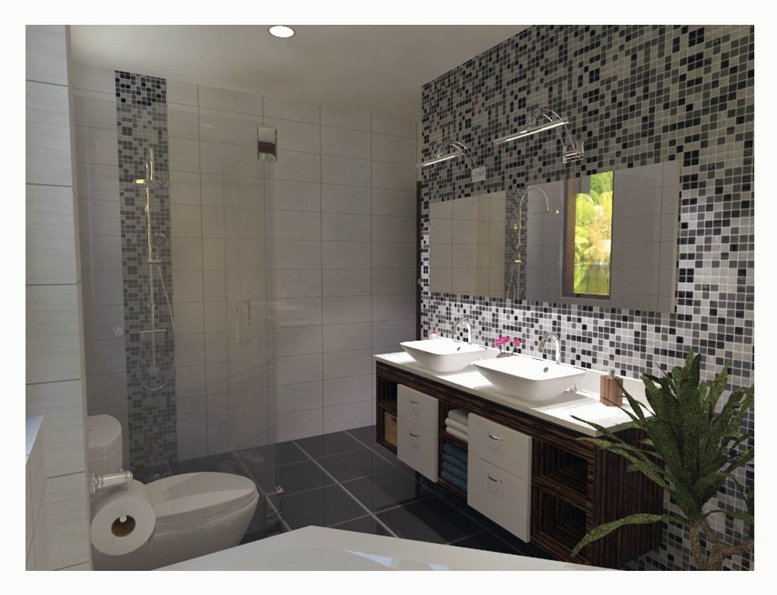 Bathroom with a patterned stone wall and glass shower.