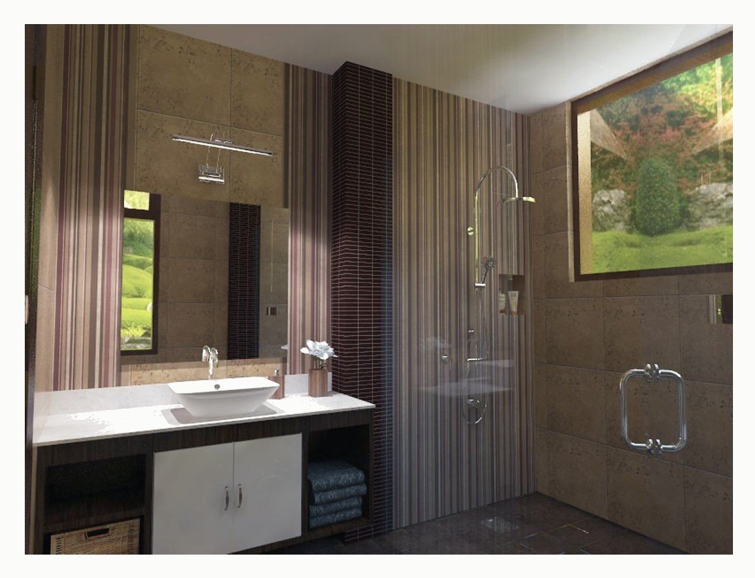 Bathroom with a timber-look vanity and mirror.