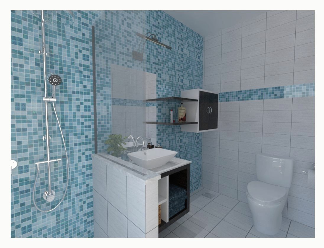Bathroom with a blue mosaic tiled wall.