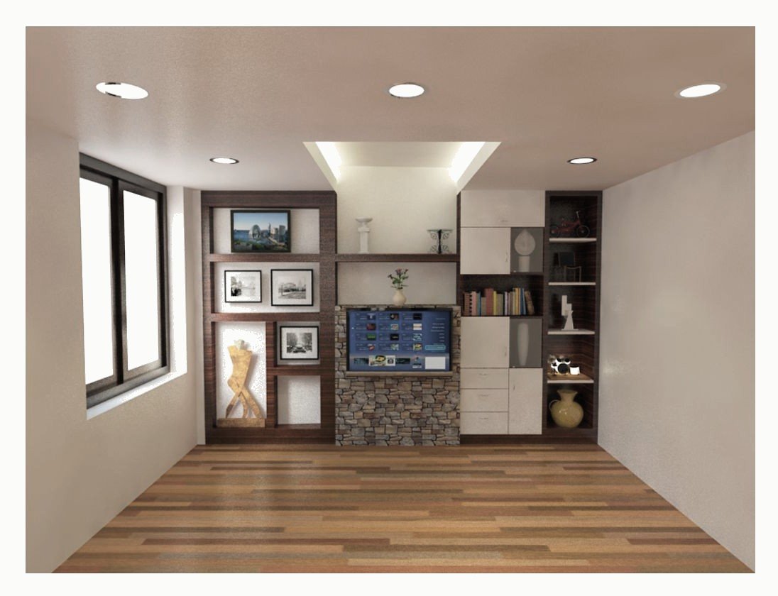 Living room with a display unit and wooden floor.