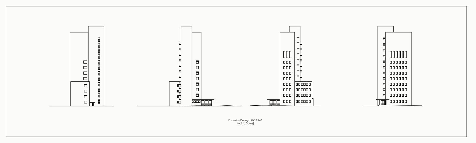 Elevation line drawings of the town hall tower from four sides.