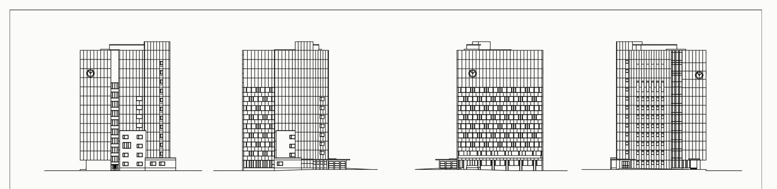 Rendered elevations of the tower showing its window grid.