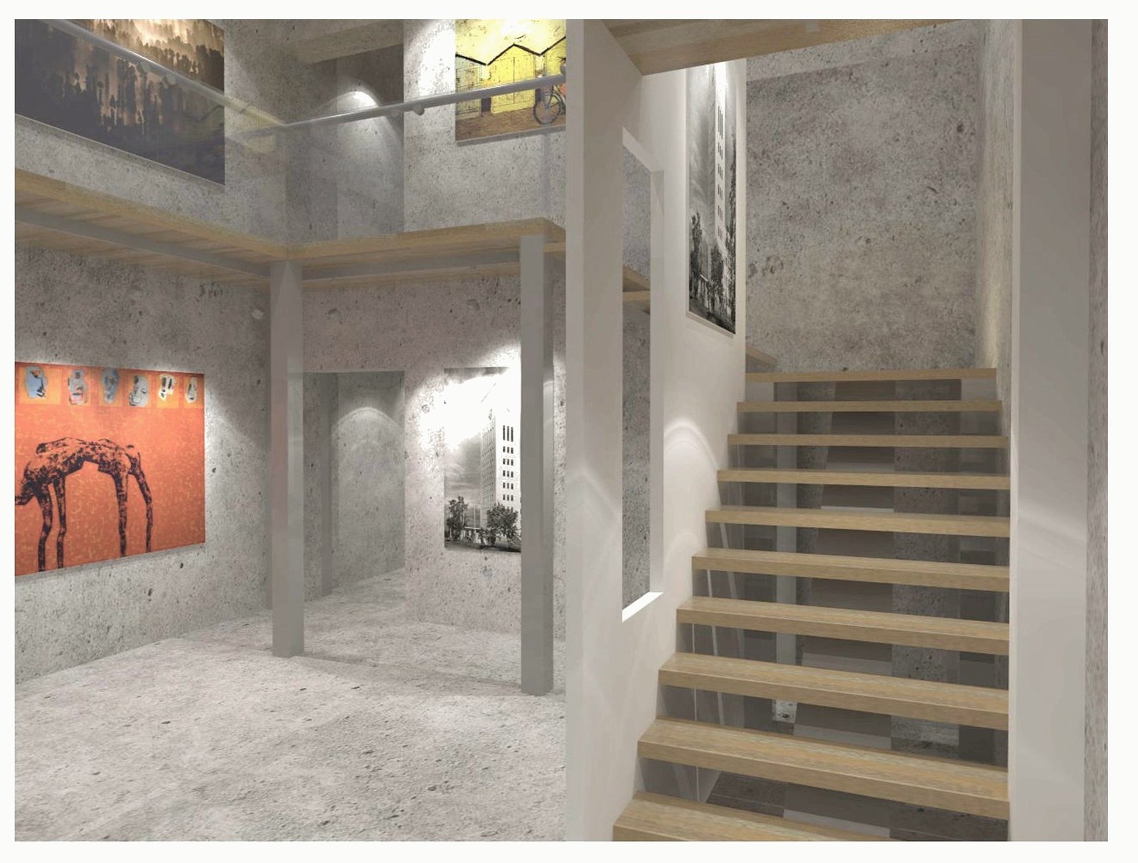Photo of the interior: a concrete stair hall with timber treads and an orange painting on the wall.
