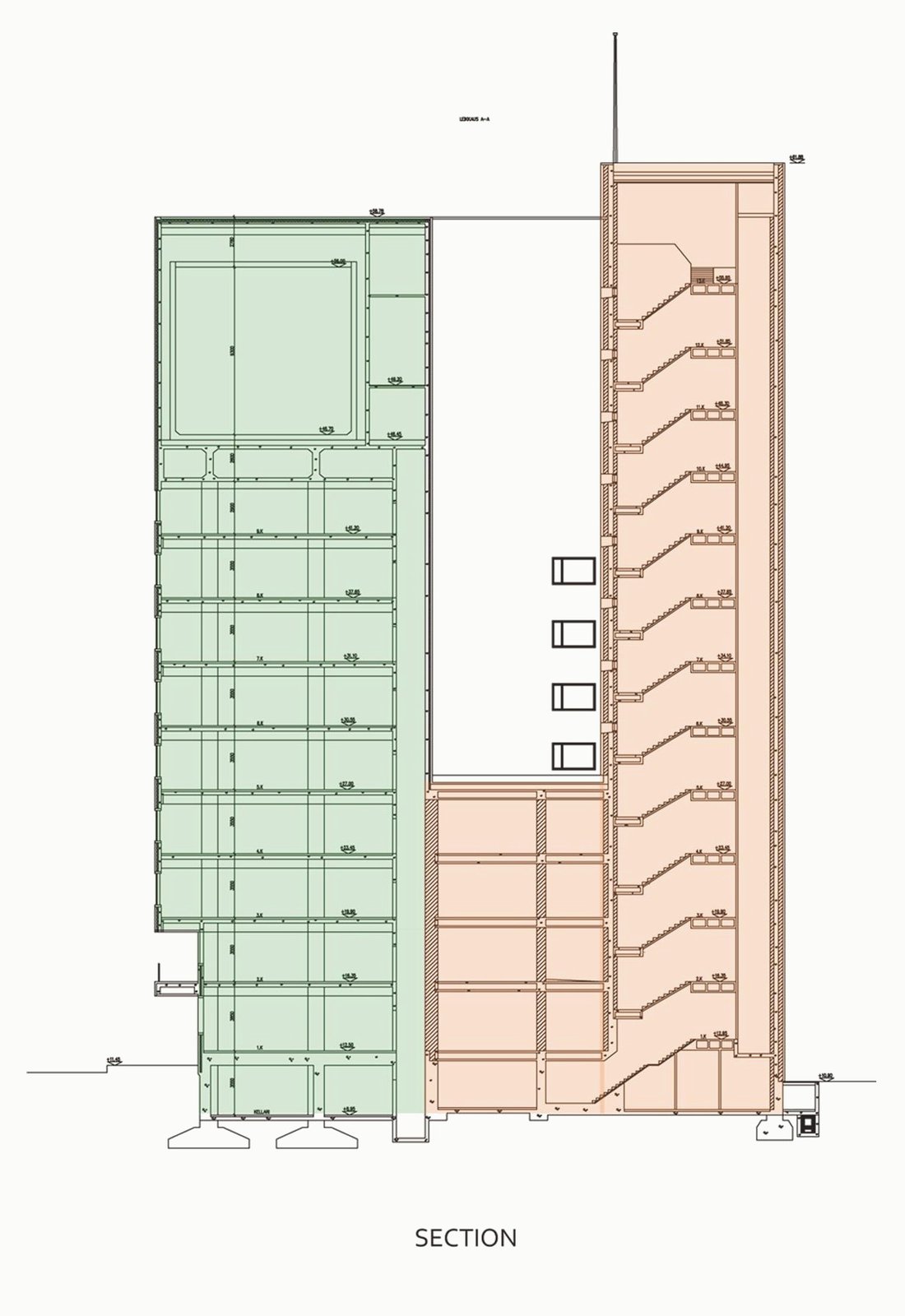 Section through the town hall tower, coloured by construction period.