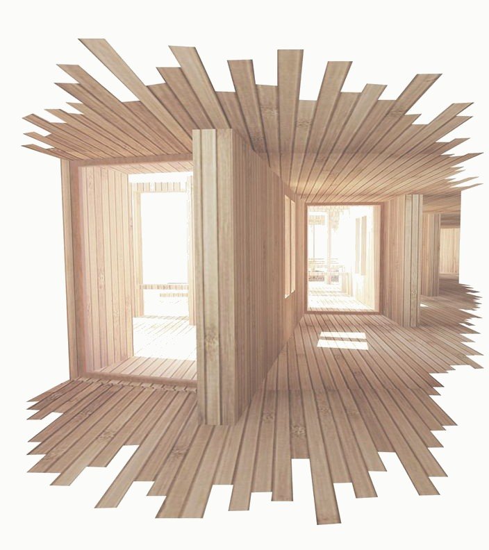 Render of a shelter interior lined with radiating timber boards.