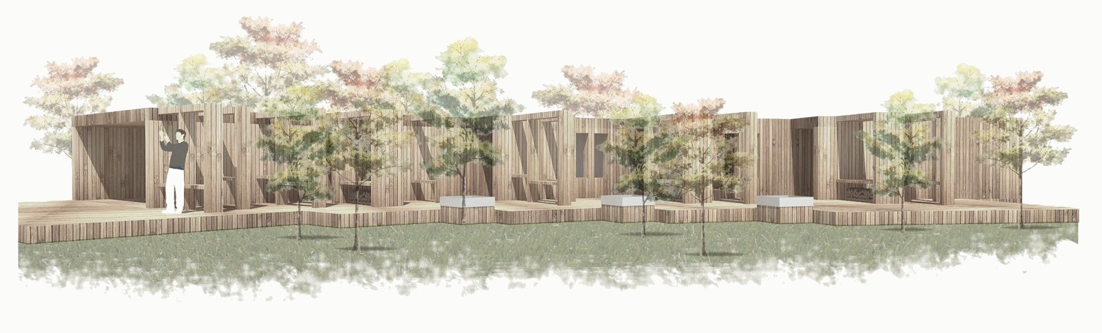 Rendered elevation of the timber buildings among trees.