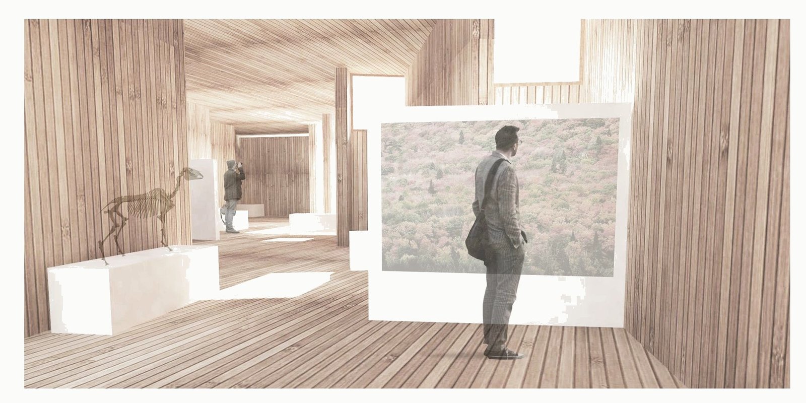 Interior render: a timber-lined gallery with a large landscape print and a visitor.