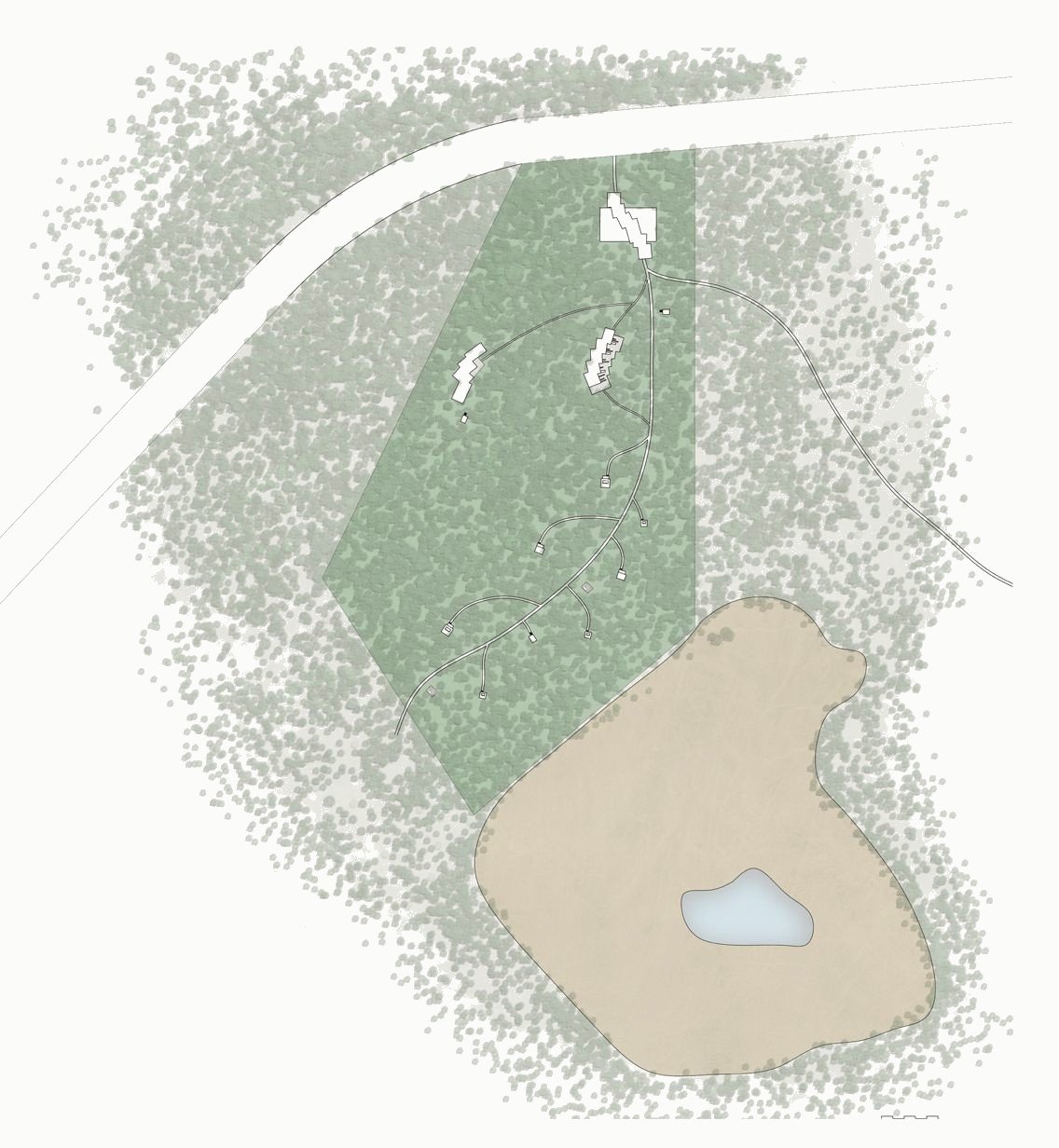 Site plan: forest with a clearing, a pond and the trail.