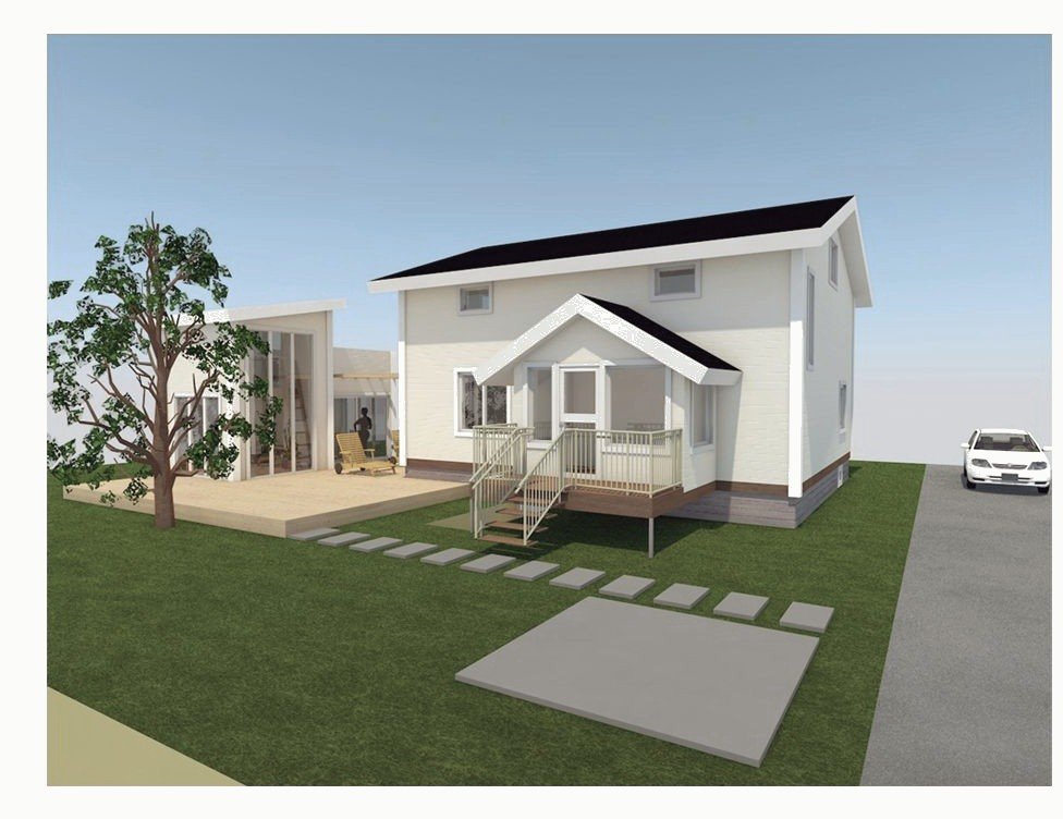 Render of a white house with a new addition and deck.