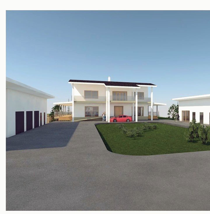 Render of the white two-storey Haukipudas residence behind a lawn, flanked by outbuildings.