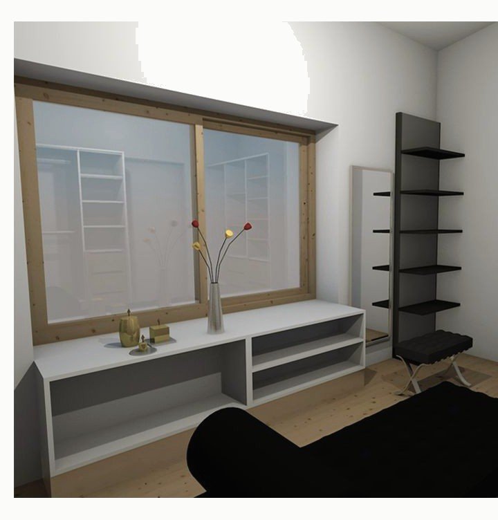 Interior render of a room with a wide window, shelving and a built-in desk.