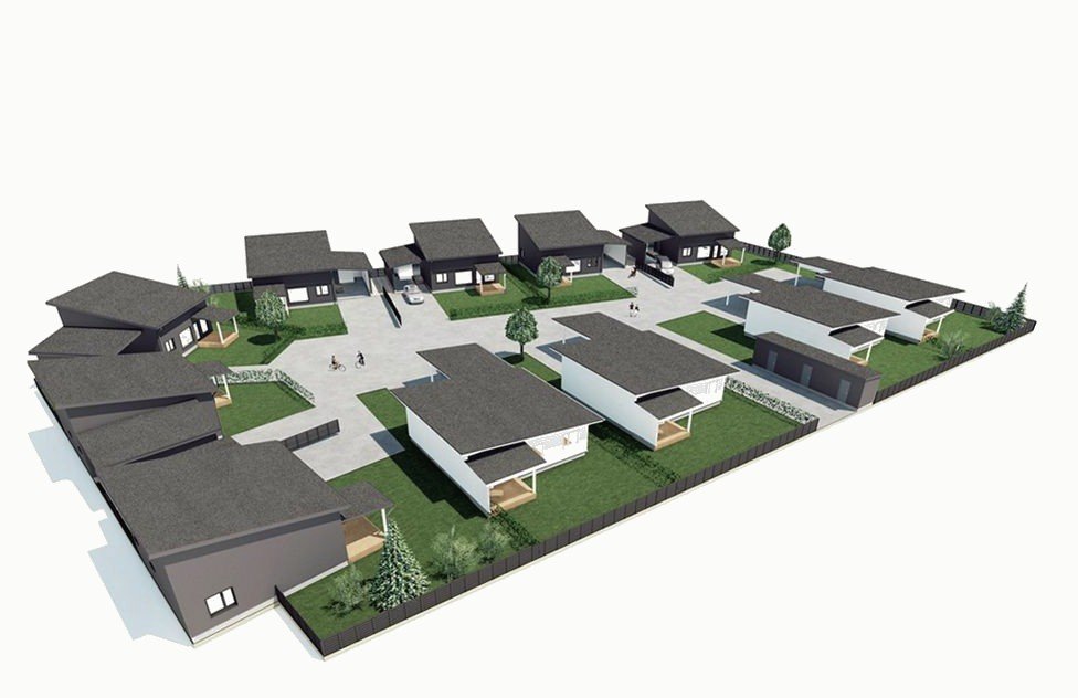 Aerial render of a group housing scheme: rows of dark-roofed houses around green yards.