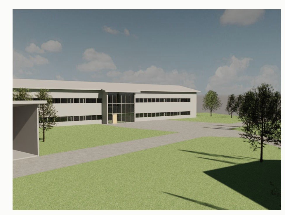 Render of a long two-storey commercial building with a glazed entrance beyond a lawn.