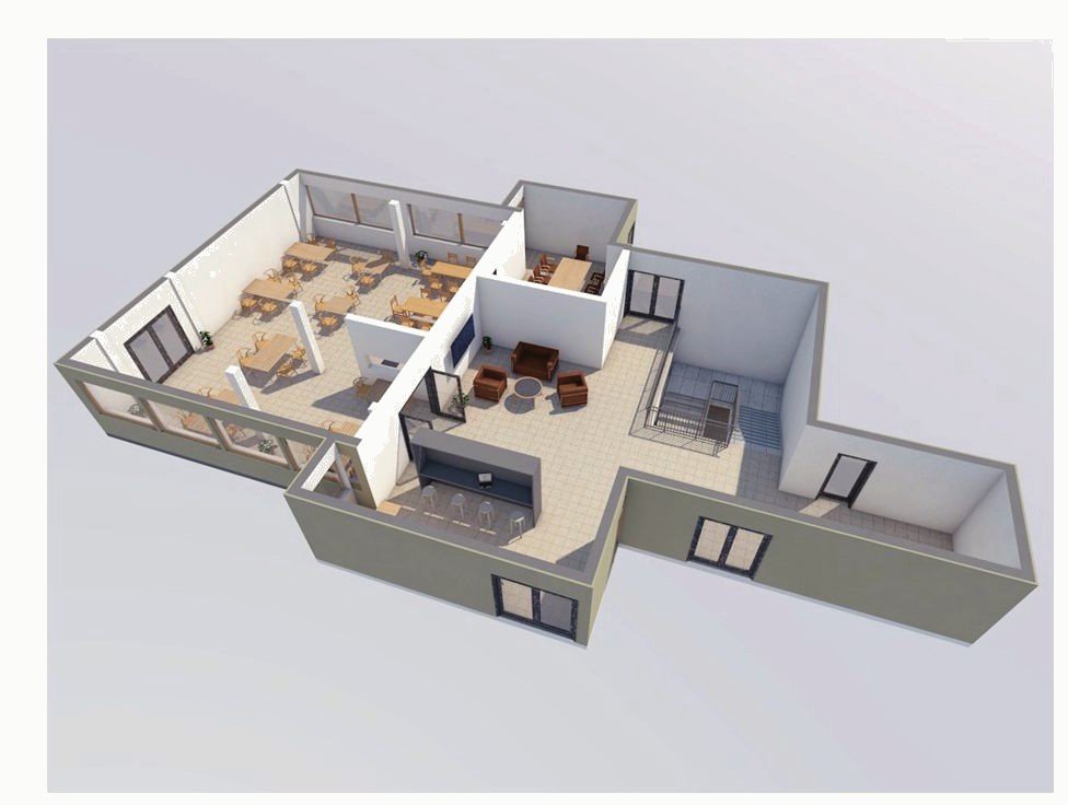 3D cut-away of an office floor layout with furnished rooms.