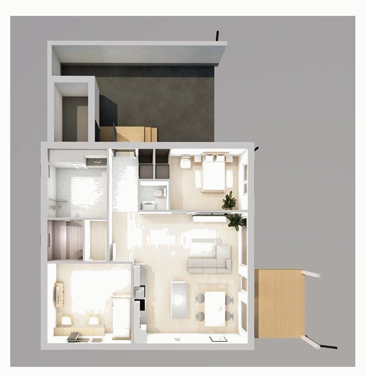 3D interior plan of a group-housing apartment seen from above.