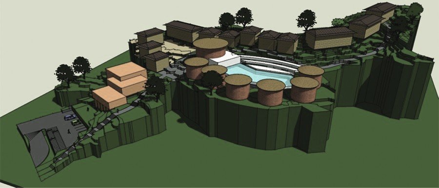 3D massing of the resort: clusters of rooms with orange roofs around a central pool on a green hillside.