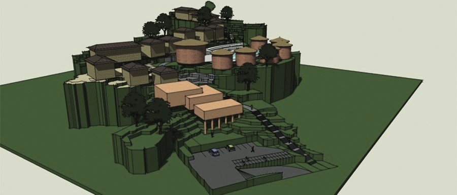 3D massing from another angle, showing terraces stepping down the slope.