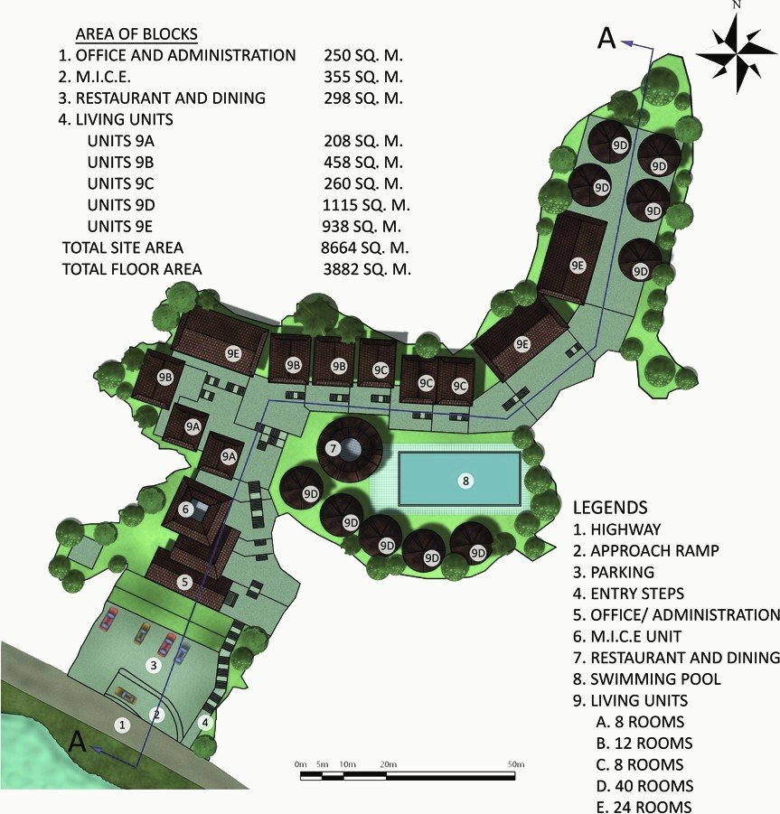 Site plan of the resort with legend of areas and room types.