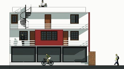 Front elevation with shop fronts and red balconies.