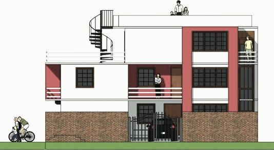 Side elevation with brick base and red and white upper floors.