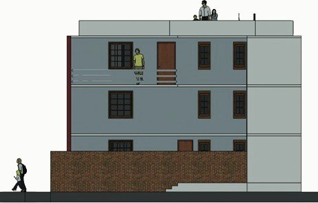 Rear elevation in grey with balconies.