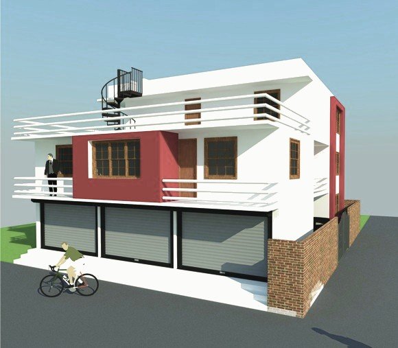 3D view of the house: white and red façade with balconies, a rooftop terrace and shops on the ground floor.