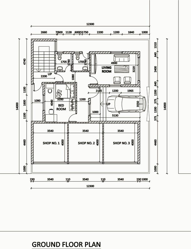 Ground floor plan with shops and parking.