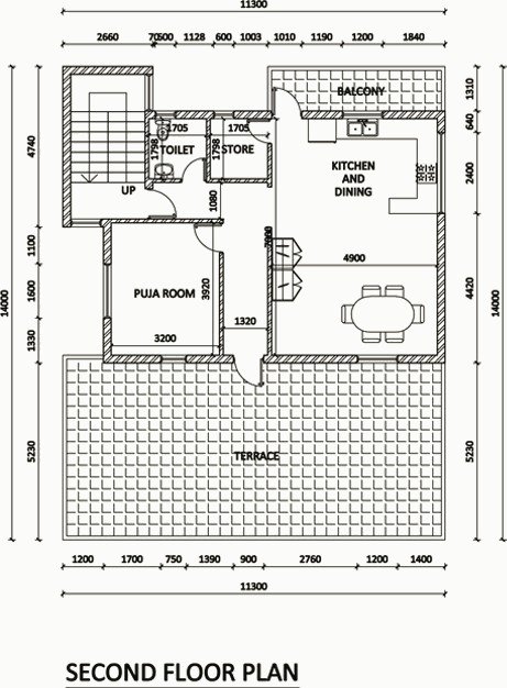 Second floor plan with kitchen, dining and puja room.