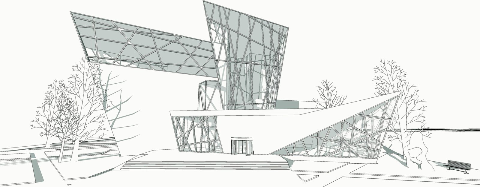 Perspective line drawing of the showroom: angular glazed volumes with a diagonal structural lattice above a stepped entrance plaza.