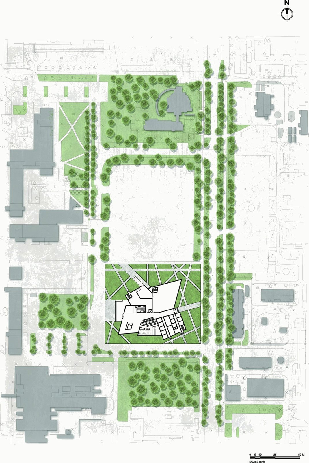 Site plan: the showroom in a landscaped block opposite the university, with tree-lined streets and surrounding buildings.