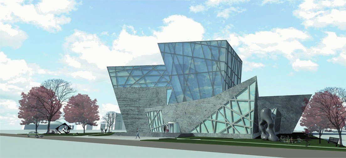 Exterior render: the glazed gallery tower and folded lattice volumes from the approach.