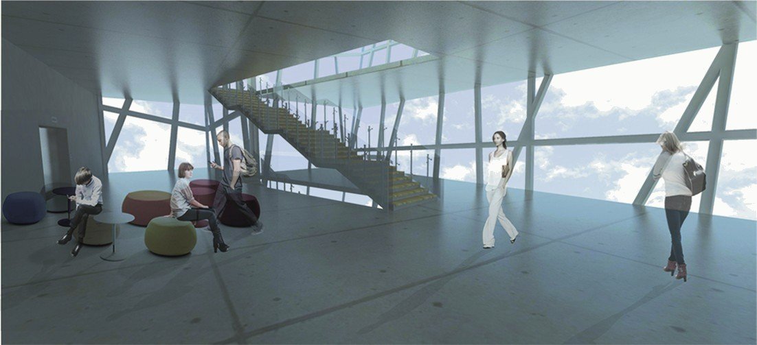 Interior render of the lobby: a tall glazed space with a sculptural stair, lounge seating and visitors.