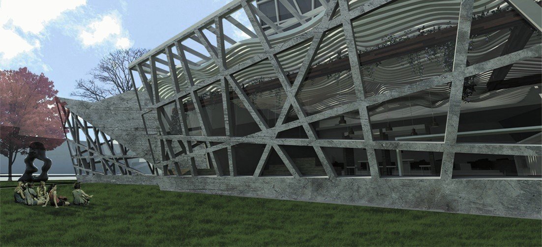 Exterior render: the lattice-clad wing seen from the lawn, with red-leaved trees and an outdoor sculpture.