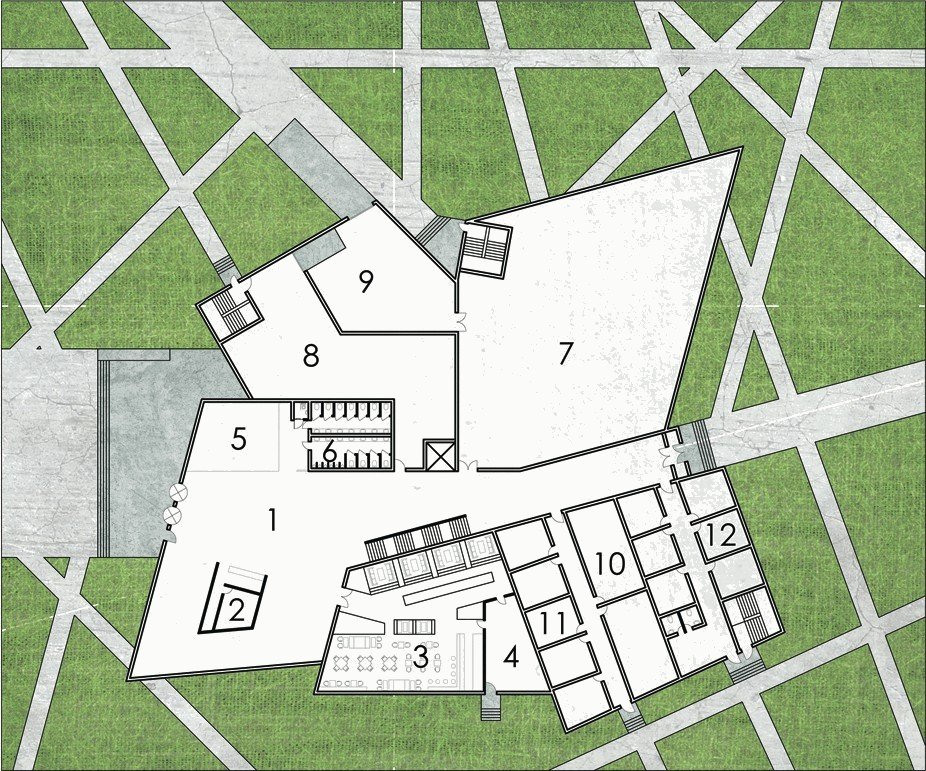 Ground floor plan on the site, with numbered rooms around an angular lobby, galleries, café, conference rooms and service spaces.