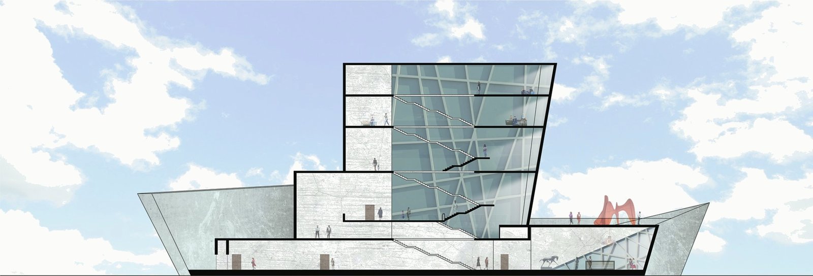 Building section through the lobby, auditorium and the stacked gallery tower, with people for scale.
