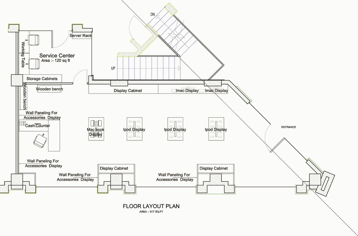 Evo Store floor layout plan with display tables and wall units.