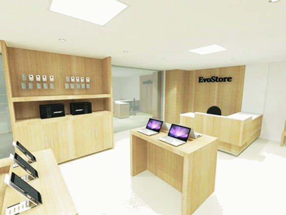 Evo Store render: light wood display tables with laptops and wall shelving for devices.