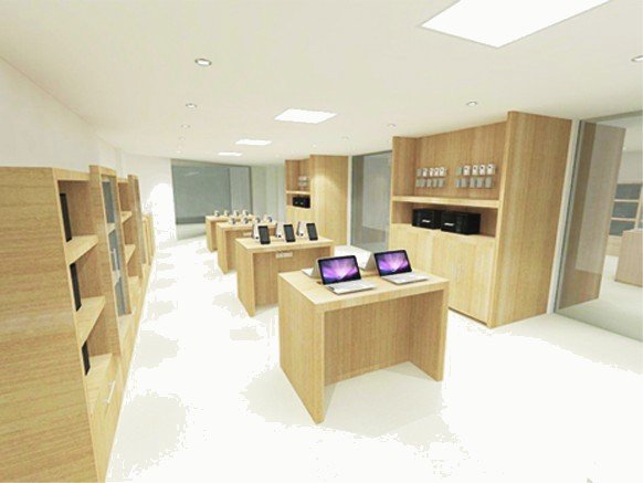 Evo Store render: rows of wooden display tables with devices, and shelving along the walls.