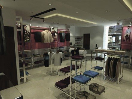 John Players showroom render: clothing racks and display tables under a lit ceiling cove.