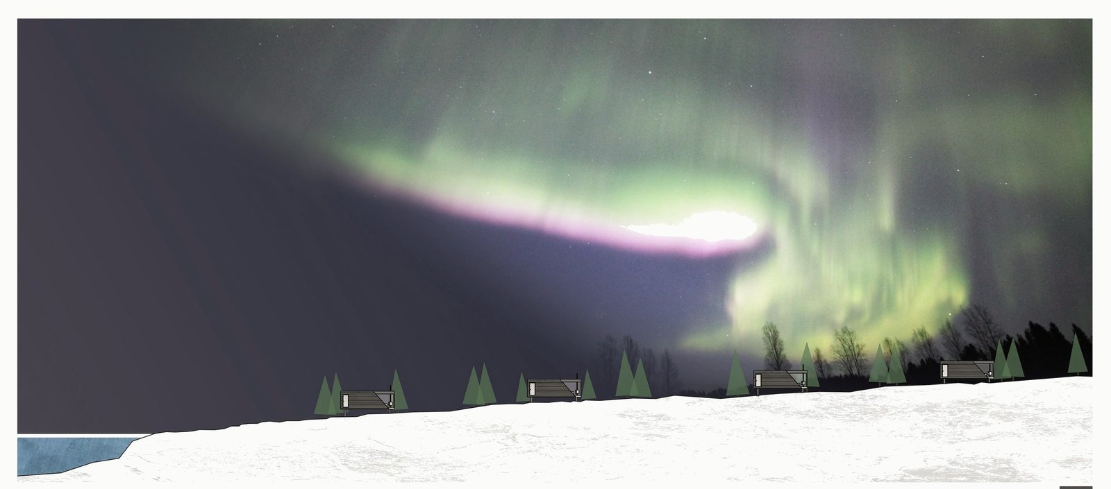 Night render: green northern lights over a snowy landscape.