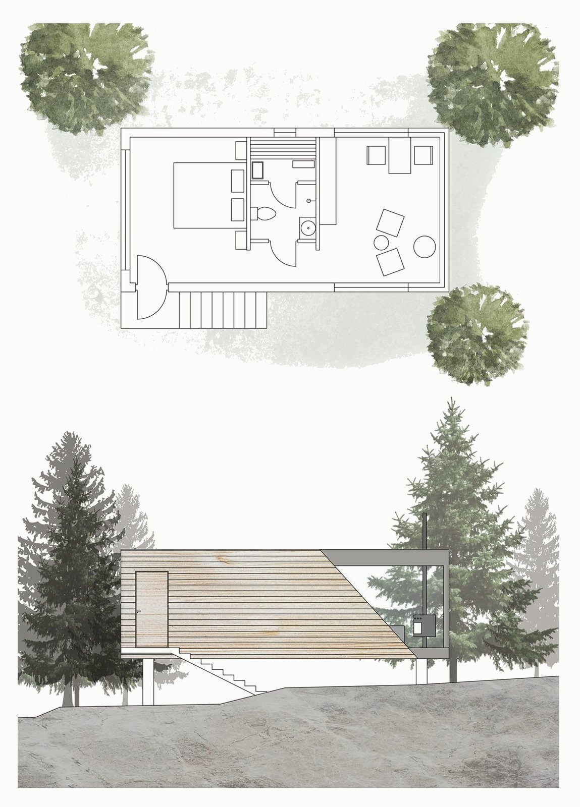 Cabin floor plan and side elevation among spruce trees.