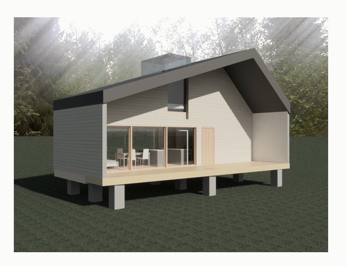 Render of a gabled cabin raised on posts, with a glazed gable and balcony, in a misty forest.