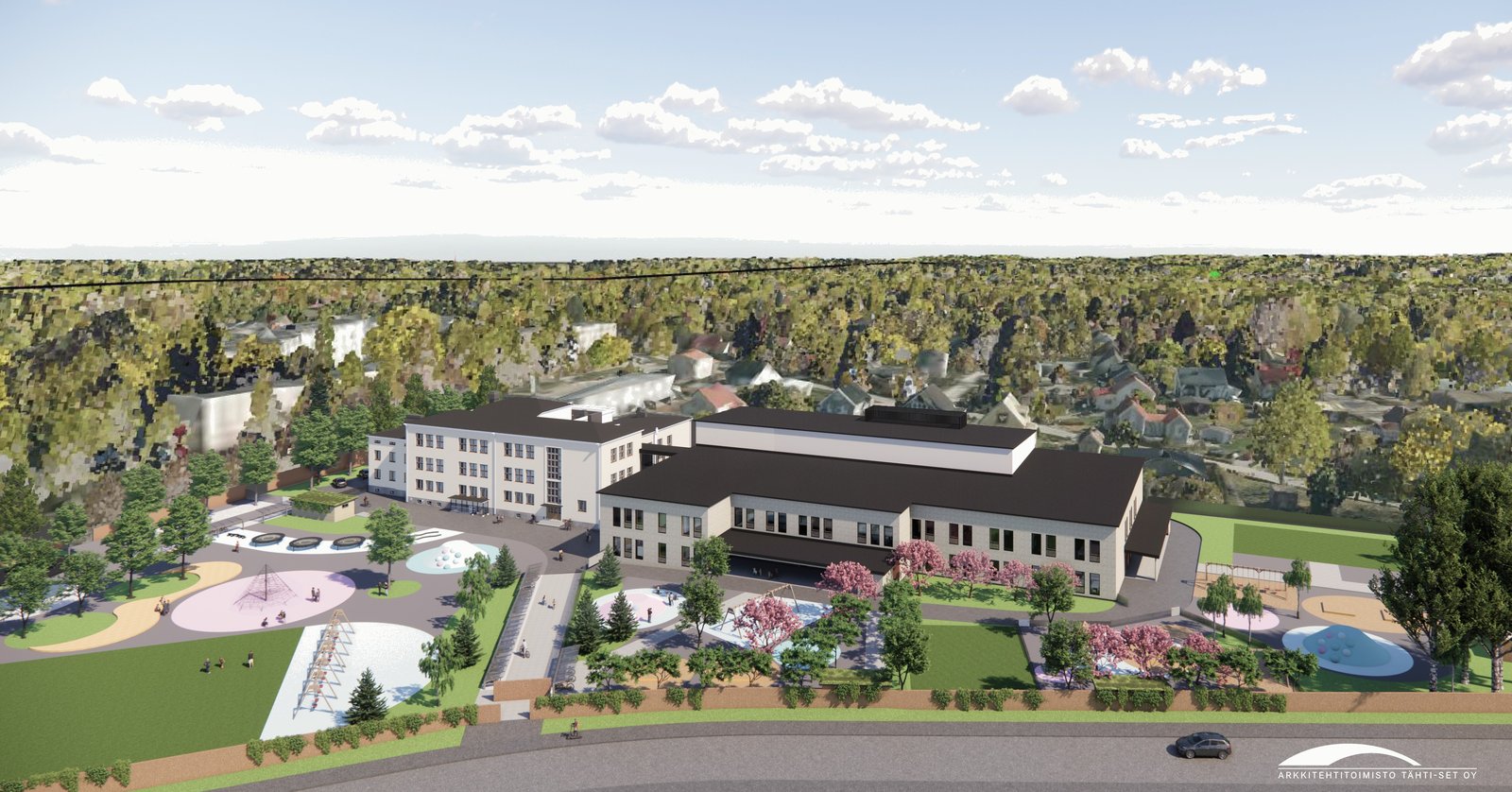 Aerial visualisation of the site: the stone school and new daycare wing around a landscaped courtyard with play areas and trees, set within a wooded residential district.