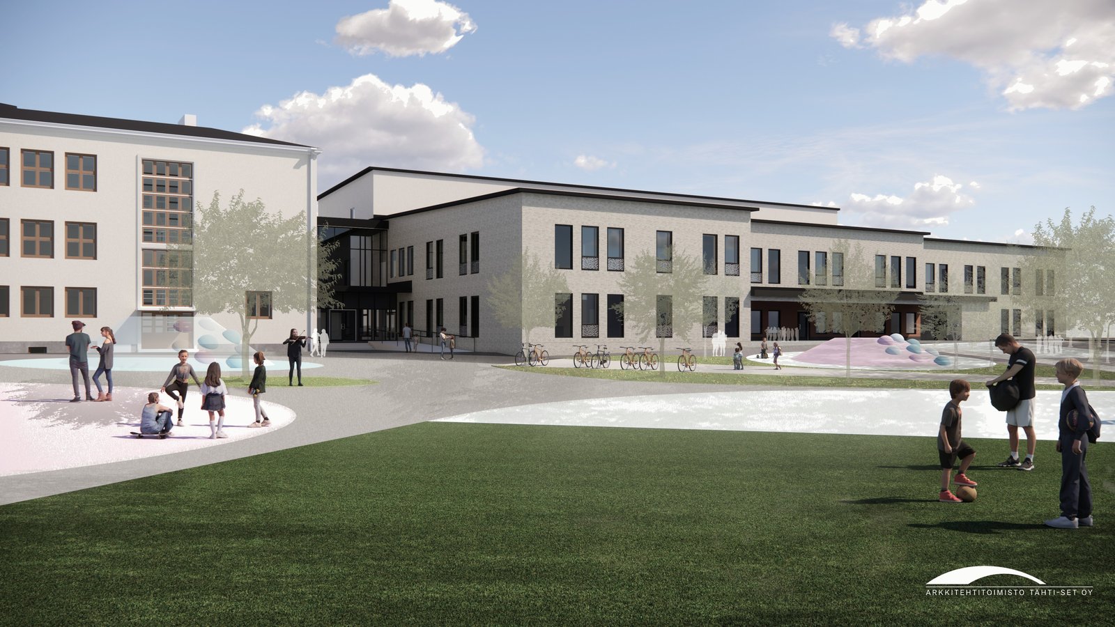 Visualisation from the schoolyard: the renovated three-storey 1939 stone school on the left, joined to the new dark-roofed daycare wing, with children playing on the lawn.