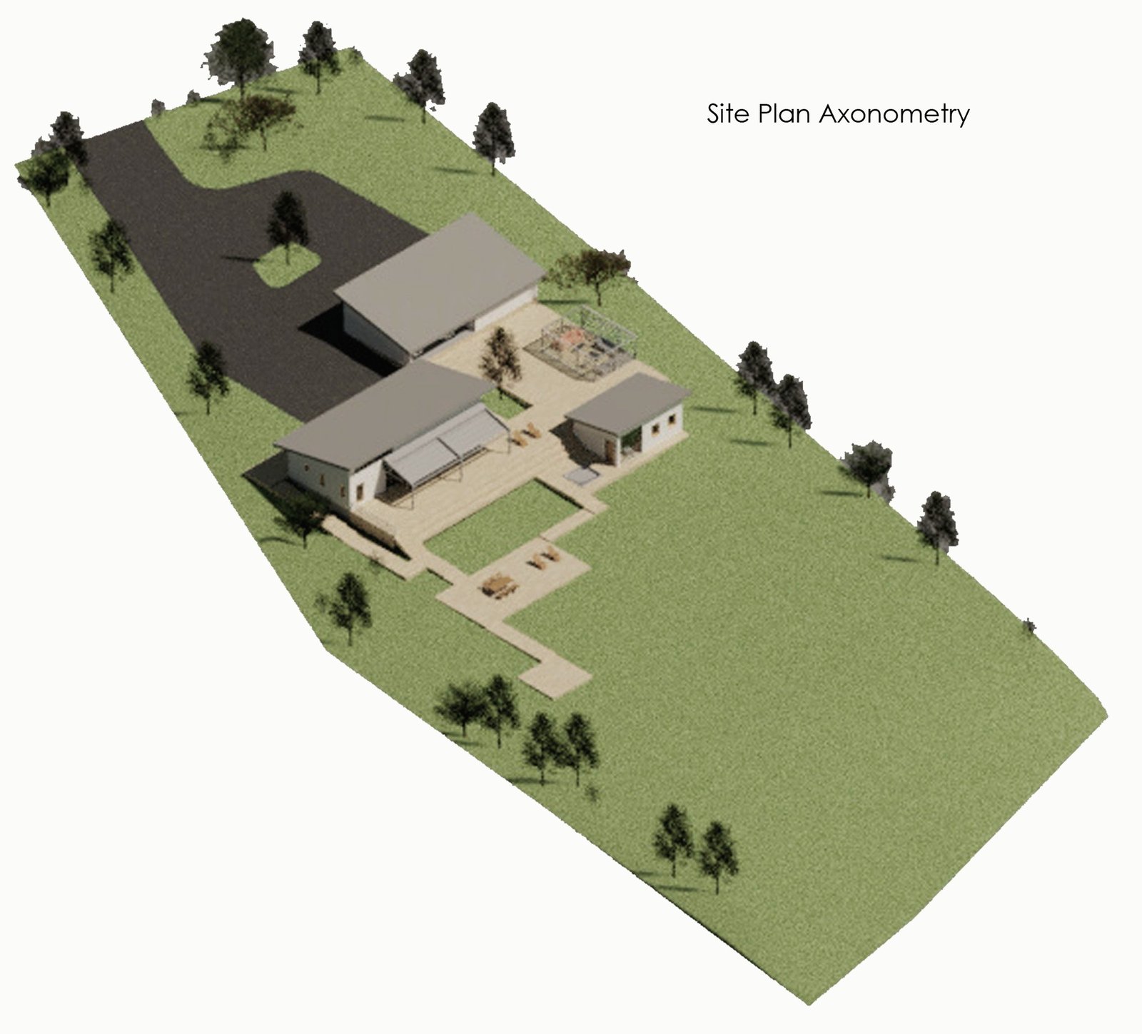 Site plan axonometric: the L-shaped house with dark roofs, courtyard, deck and sauna on a green plot sloping down to the river.