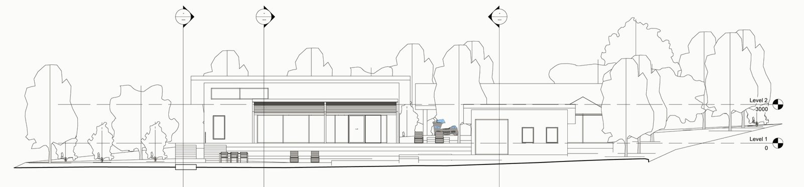 South elevation line drawing showing the low house and sauna among trees.