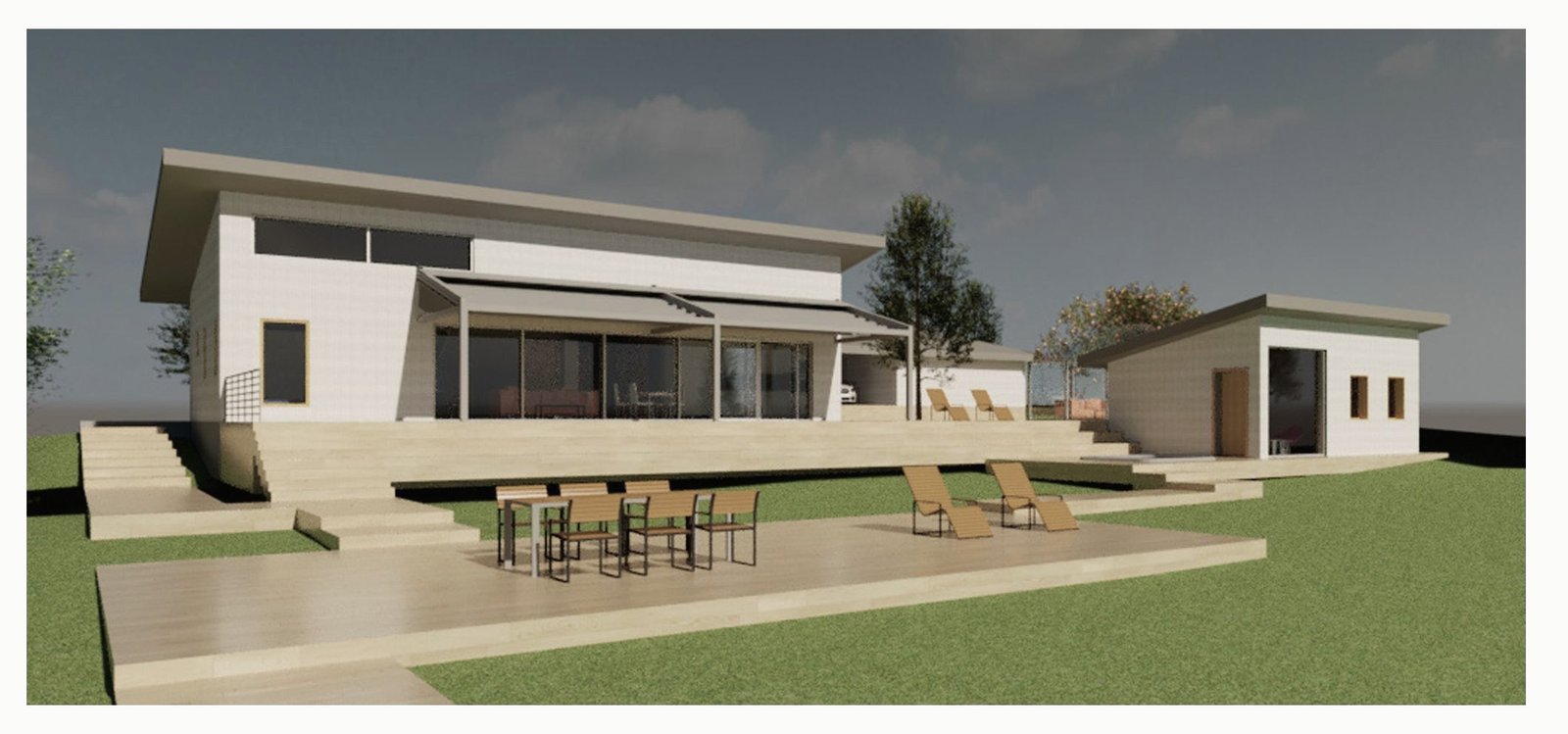 Render of the white single-storey house with a wide shaded deck, outdoor dining and lawn in front.