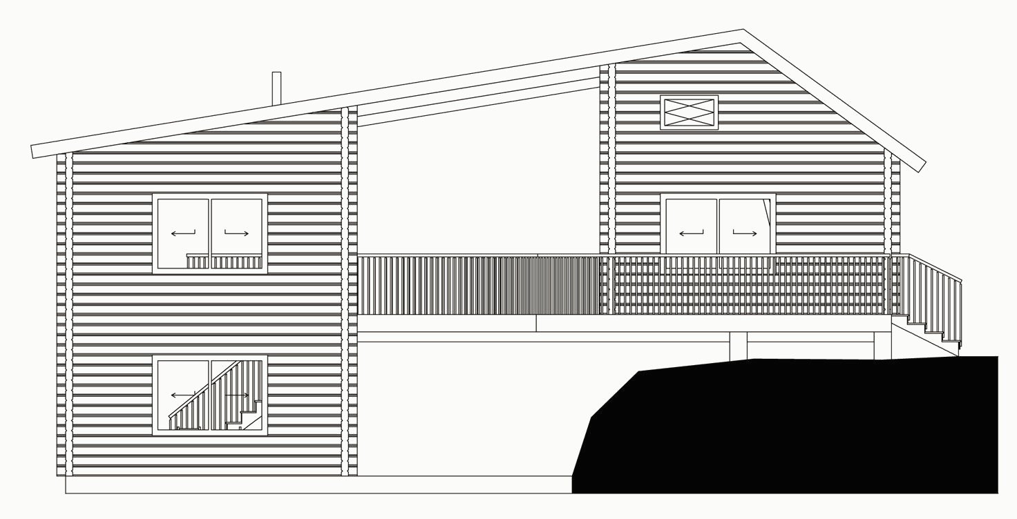 Elevation of the log house with horizontal log cladding and a balcony, the slope shown in black.