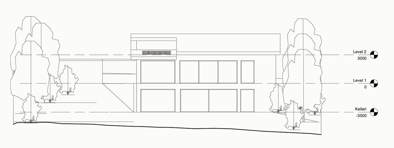 North elevation line drawing of the house on the sloping ground.